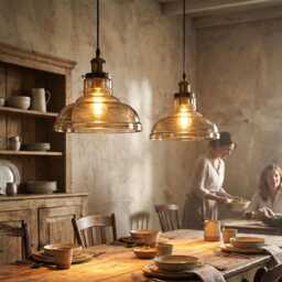 Amber Glass Pendant Light - Vintage Industrial Farmhouse Ceiling Lamp - thumbnail 1