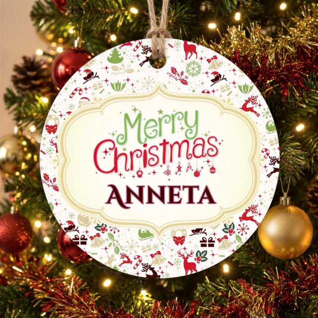 Personalised Bauble, Christmas Tree Decoration - Mdf, Gloss Finish - 75mm, Red Ribbon, Single Sided - image 1