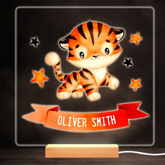 Tiger Animal Cute Boy Colourful Square Personalised Gift Led Lamp Night Light - Bedroom - image 1