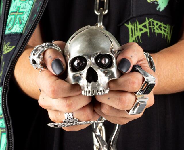 Silver Metal Skull Sculpture With Hypersthene Stone Eyes - image 1