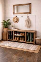 Handmade Bespoke Rustic Shoe & Welly Rack Storage Bench, Entryway Hallway Organiser, Solid Wood Seating