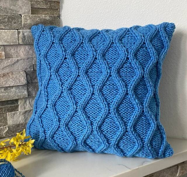 "Hand Knit Diamond Pillow Cover Delft Blue Acrylic Cushion 16""x16" - image 1