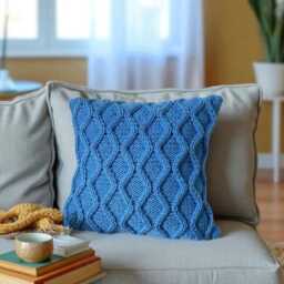 "Hand Knit Diamond Pillow Cover Delft Blue Acrylic Cushion 16""x16" - thumbnail 3