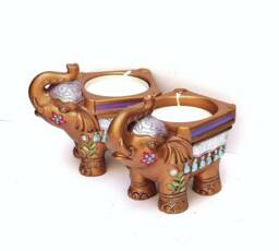 Boho Gold Elephant Tea Light Holder Hand-Painted Bohemian Decor - thumbnail 1