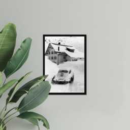 Vintage Classic Car Print, Porsche 911 Apres Ski Snow, Fine Art Photography Wall Art, Museum Quality Black & White Poster - thumbnail 3