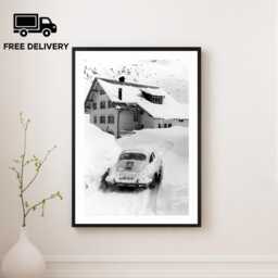 Vintage Classic Car Print, Porsche 911 Apres Ski Snow, Fine Art Photography Wall Art, Museum Quality Black & White Poster - thumbnail 1