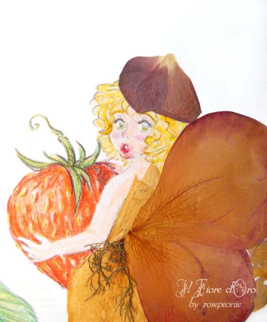 Fruit Fairies - Strawberry. Original Pastel Drawing On Cream Cardboard With Flower Petals & Leaves, Little Fairy Fantasy Child Nursery Art - image 1