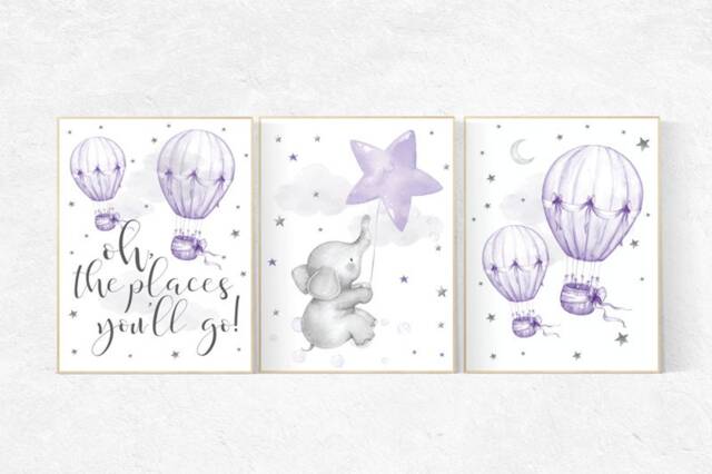 Elephant Hot Air Balloon Nursery Print Purple Lilac Wall Art - image 1