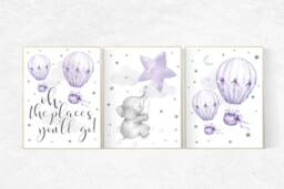 Elephant Hot Air Balloon Nursery Print Purple Lilac Wall Art - thumbnail 1