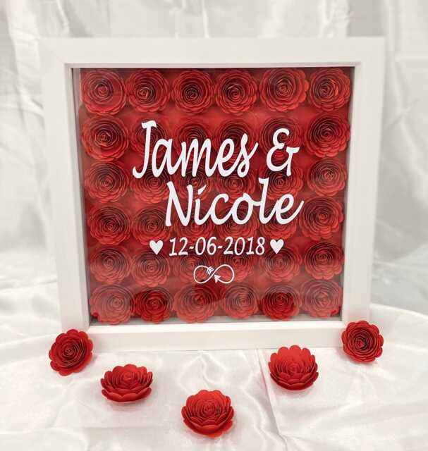 1st Anniversary Gift Personalised Rose Flower Frame Shadow Box - Custom Couple Name & Date Handmade Wedding Valentine's Day - image 1