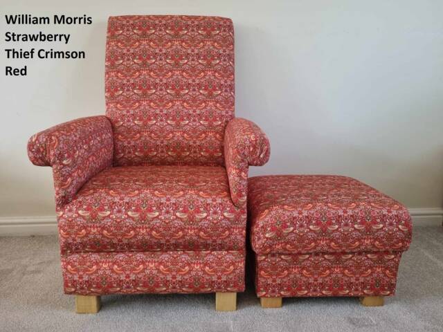 William Morris Strawberry Thief Fabric Adult Armchair & Footstool Set Chair Red Ochre Green Navy Pouffe - image 1