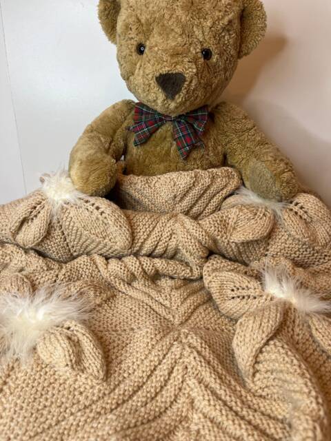 Hand Knitted Baby Pram Blanket Beige With Cream Marabou - image 1