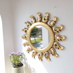 Peruvian Gold Swan Sun Mirror 50 cm Handmade Wall Decor - Carved Wood Round Artistic Statement For Living Room Bathroom - thumbnail 3