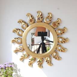 Peruvian Gold Swan Sun Mirror 50 cm Handmade Wall Decor - Carved Wood Round Artistic Statement For Living Room Bathroom - thumbnail 2