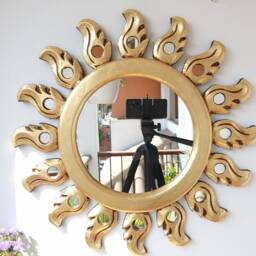 Peruvian Gold Swan Sun Mirror 50 cm Handmade Wall Decor - Carved Wood Round Artistic Statement For Living Room Bathroom - thumbnail 1