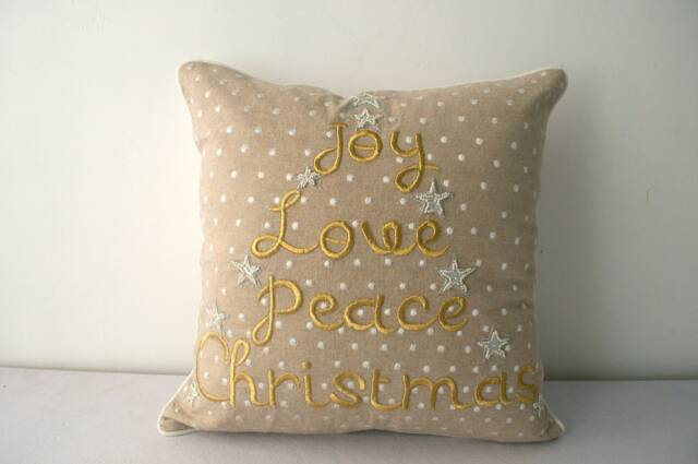 Joy Love Peace Christmas Pillow Hand Embroidered Cover - image 1