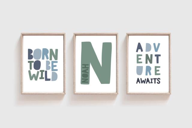 Set Of 3 Boys Nursery Prints, Wall Art, Personalised, Bedroom Playroom Decor - image 1