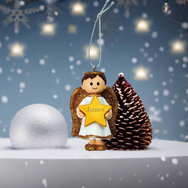 Personalised Cute Gold Boy Angel Christmas Tree Decoration With Name - Bauble Ornament - image 1
