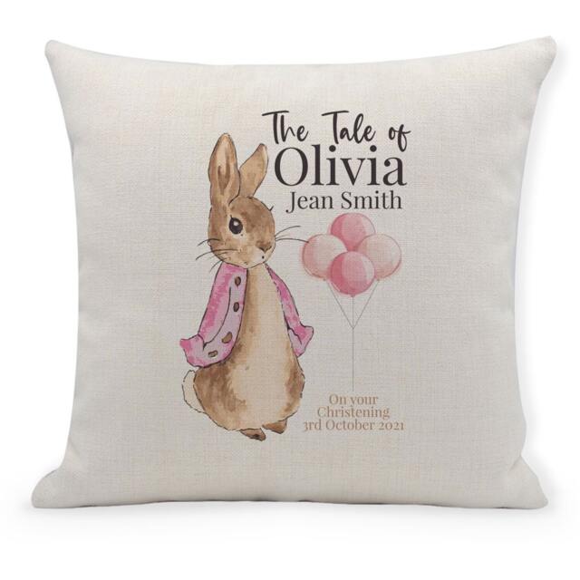 Personalised Christening Cushion, Flopsy, The Tale Of Rabbit Cushion Cover, Home Decor, Nursery, Baby Girl - image 1