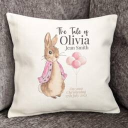 Personalised Christening Cushion, Flopsy, The Tale Of Rabbit Cushion Cover, Home Decor, Nursery, Baby Girl - thumbnail 2
