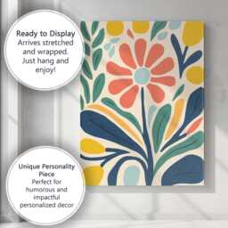 Contemporary Botanical Flower Composition With Teal Leaves & Mustard Accents Canvas Wall Art Print Decor Picture Ready To Hang - thumbnail 3