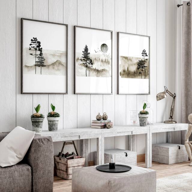 Trendy Nordic Earth Tone Set Of 3 Framed Wall Art Prints For Living Room Decor, Large Zen Landscape Sunset Gallery Print - image 1