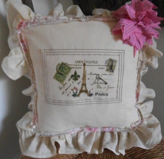 Free Shipping Paris Postcard Carte Postale Ruffle Pillow & Insert - 1222 - image 1