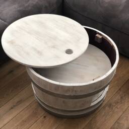 Wine Barrel Coffee Table With Wooden Lid & Shelf Shabby White - thumbnail 3