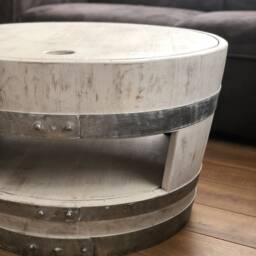 Wine Barrel Coffee Table With Wooden Lid & Shelf Shabby White - thumbnail 2