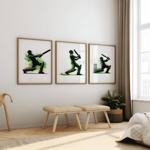 Cricket Batsmen Art Set - 3 Green Prints - Watercolour Wall Gift For Lover Boys Bedroom Artwork Room Decor Poster - image 1