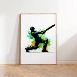 Cricket Batsmen Art Set - 3 Green Prints - Watercolour Wall Gift For Lover Boys Bedroom Artwork Room Decor Poster - thumbnail 2