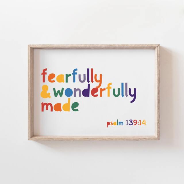 Fearfully & Wonderfully Made Print, Christian Nursery Prints, Wall Art, Scripture Rainbow Bible Verse Print - image 1