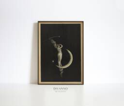 Vintage Moon Woman Art Print, Night Sky Poster, Bedroom Wall Art, Abstract Celestial Canvas, Modern Monochrome Apartment Decor, Digital - thumbnail 1