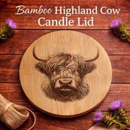 Engraved Bamboo Highland Cow Candle Lid, Rustic Wood Cover, Personalised Gift