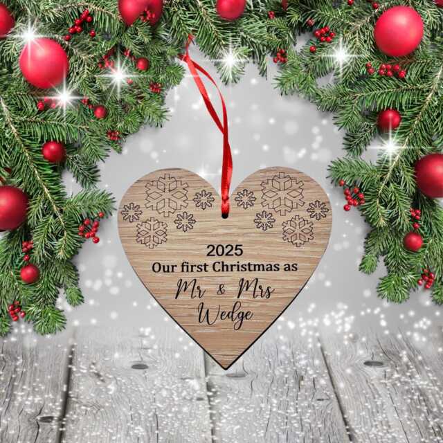 1st Christmas As Mr & Mrs Oak Wood Tree Bauble With Any Wording Of Your Choice Laser Engraved - image 1