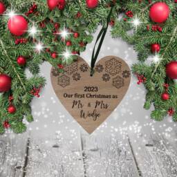 1st Christmas As Mr & Mrs Oak Wood Tree Bauble With Any Wording Of Your Choice Laser Engraved - thumbnail 2