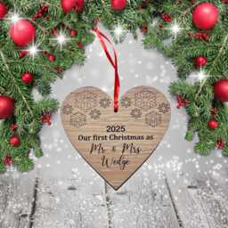 1st Christmas As Mr & Mrs Oak Wood Tree Bauble With Any Wording Of Your Choice Laser Engraved