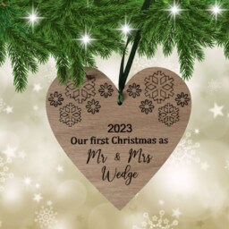 1st Christmas As Mr & Mrs Oak Wood Tree Bauble With Any Wording Of Your Choice Laser Engraved - thumbnail 3