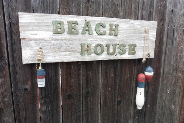 Beach House Sign ~ Reclaimed Weathered Wood Wall Hanging Floats Buoy Rustic Distressed Nautical Decor ~Ocean Sea Coastal - image 1
