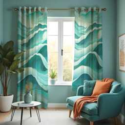Teal Wave Curtains, Ocean Abstract Pattern Aqua Blue Modern Drapes, Custom Made Eyelet Or Rod Pocket Panels, Coastal Home Decor - thumbnail 2