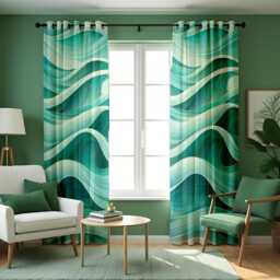 Teal Wave Curtains, Ocean Abstract Pattern Aqua Blue Modern Drapes, Custom Made Eyelet Or Rod Pocket Panels, Coastal Home Decor