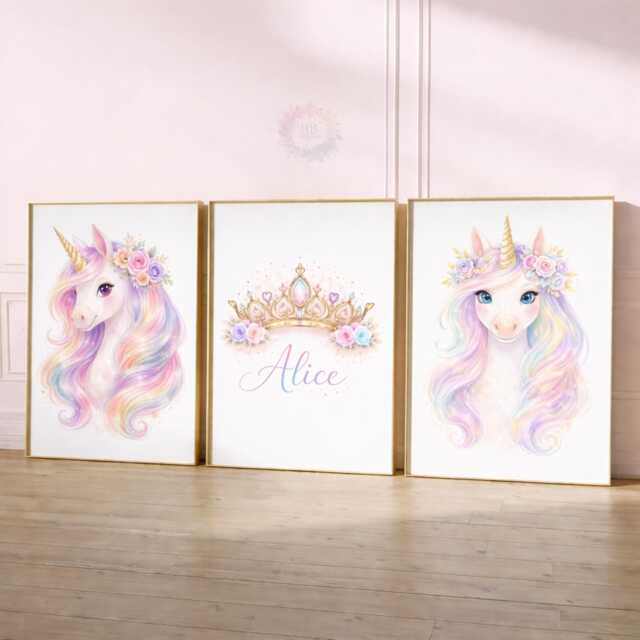 Unicorn Girls Bedroom Prints - Personalised Colorful Set Of 3, Crown Nursery Wall Art - image 1