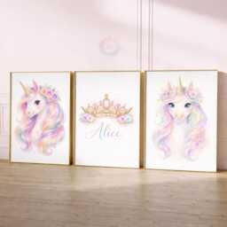 Unicorn Girls Bedroom Prints - Personalised Colorful Set Of 3, Crown Nursery Wall Art