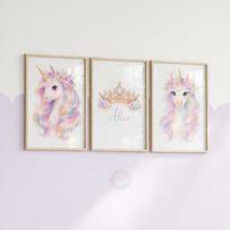 Unicorn Girls Bedroom Prints - Personalised Colorful Set Of 3, Crown Nursery Wall Art - thumbnail 2