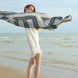 Linen Huckaback Beach Towel Natural Gray Striped, European - thumbnail 3