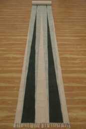 Handmade Block Print Cotton Runner Rug, Green Striped Kilim - thumbnail 1