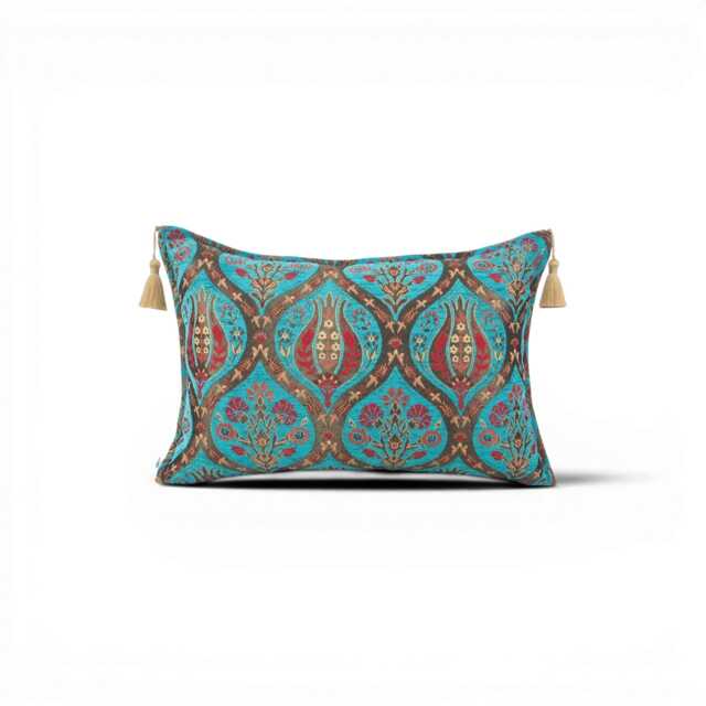 Turkish Fabric Pillow Cover 16x24, Turquoise Blue Boho Lumbar Pillow, Morocco Tulip Pattern Decorative Sofa Accent Throw Cushion Case - image 1