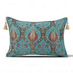 Turkish Fabric Pillow Cover 16x24, Turquoise Blue Boho Lumbar Pillow, Morocco Tulip Pattern Decorative Sofa Accent Throw Cushion Case - thumbnail 4