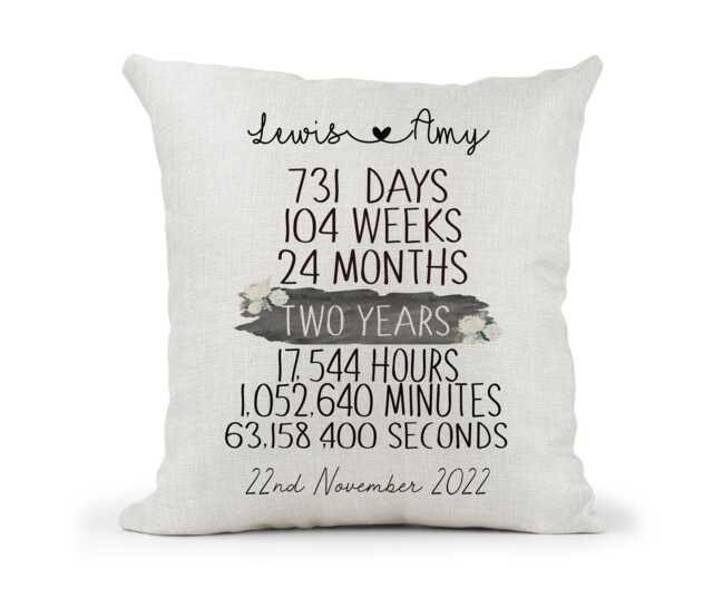 Personalised 2nd Anniversary Cream Canvas Cushion, Scatter Home Decor, Wedding, 2 Years, Mum Dad, Friends, Days Months, Hours, Mins - image 1