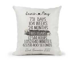 Personalised 2nd Anniversary Cream Canvas Cushion, Scatter Home Decor, Wedding, 2 Years, Mum Dad, Friends, Days Months, Hours, Mins - thumbnail 1